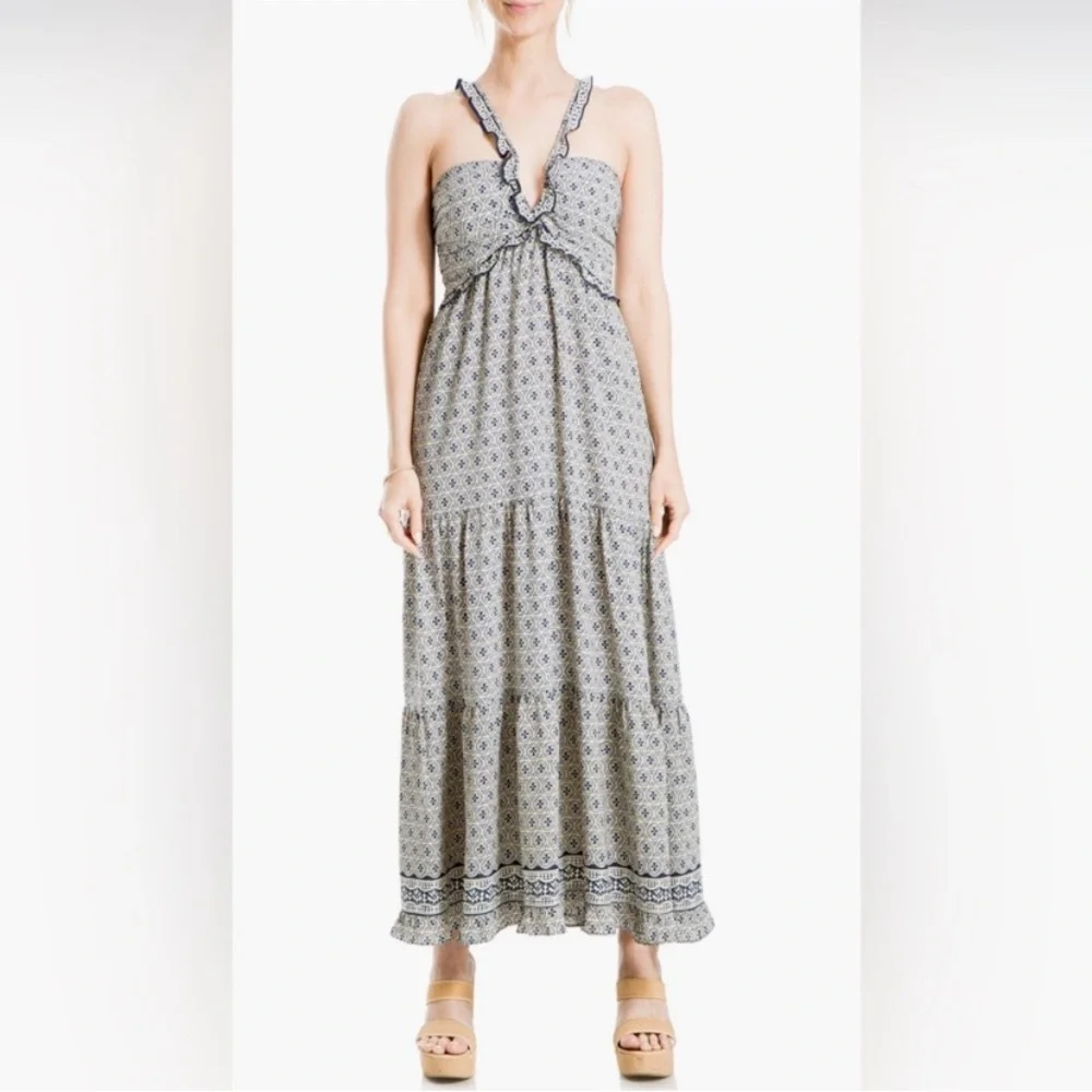 max studio halter dress MAX STUDIO Medallion Halter Maxi Dress in Navy/Crm Medlln Links at Nordstrom Rack, Size X-Large